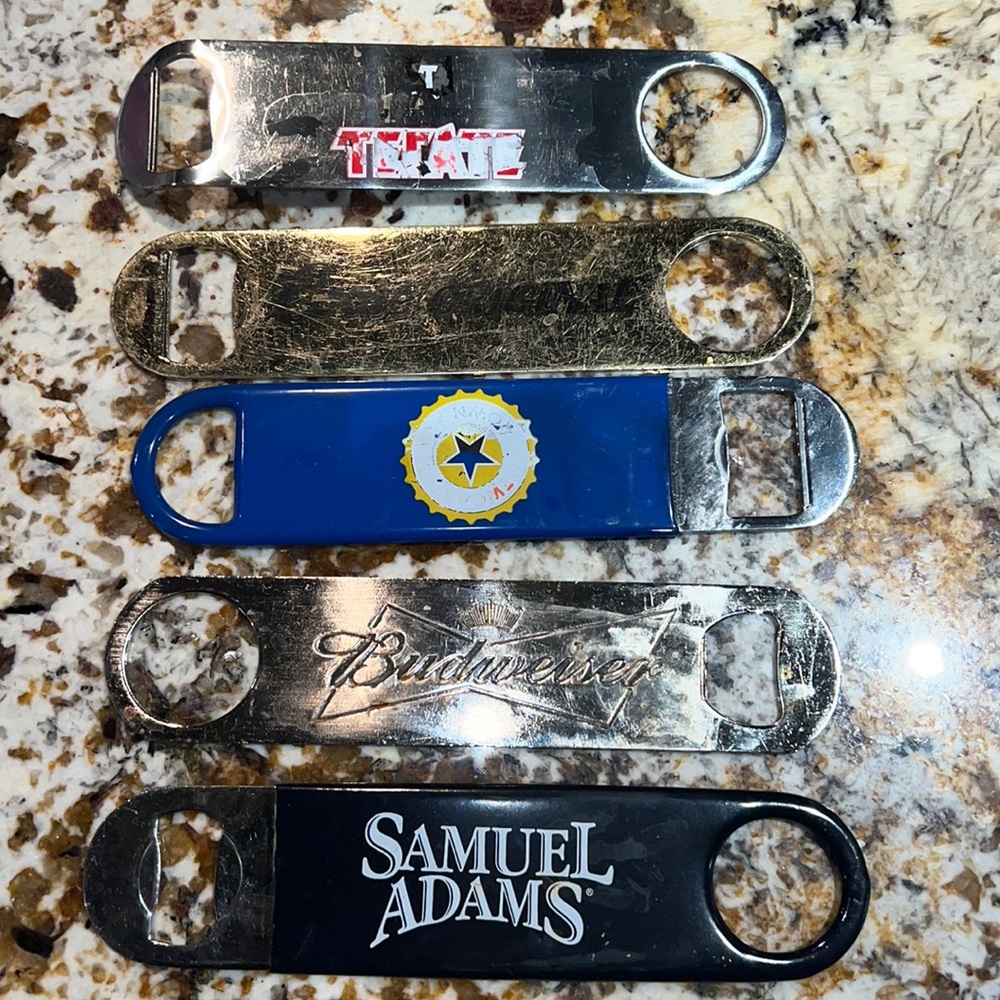 Lot of (5) Bar Blade Bottle Openers Samual Adams Budweiser Coors 2 Vinyl